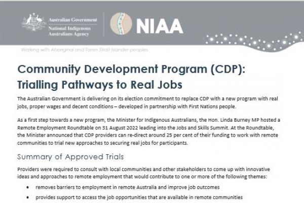 Community Development Program (CDP): Trialling Pathways to Real Jobs (Phase 1 and Phase 2)